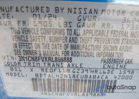 2024 Nissan Versa 1.6 Sr z USA, uszkodzony, nr VIN 3N1CN8FVXRL859888